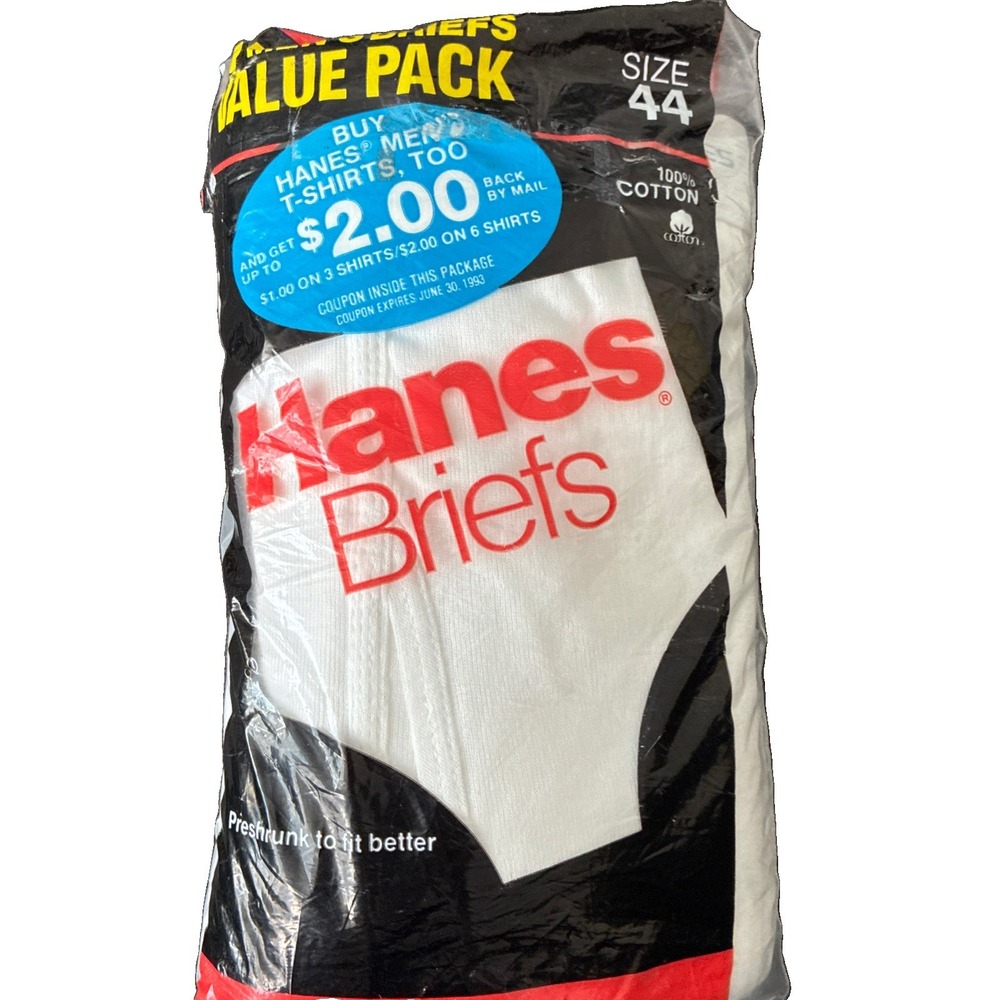 Vintage 90s Hanes White Cotton Briefs Mens 44 XL Value Pack Made in USA NEW 6 Pr